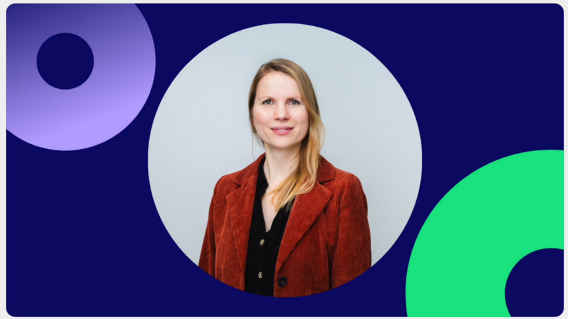 Portrait of Katharina Schaufler on a blue background with partially overlapping circles in purple and green