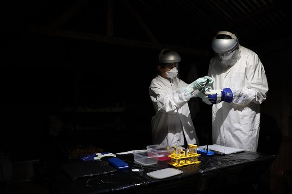 Two people wearing white protective clothing and equipment for taking samples