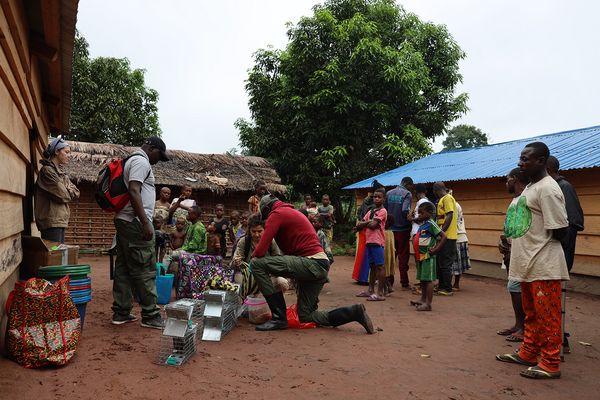  Several people are standing in a semicircle between wooden huts, watching two others set up live traps 